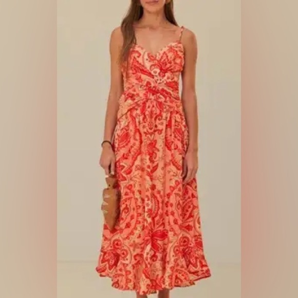 Farm Rio Jaipur Crossover Linen Blend Maxi Sundress In Red B2954 - Picture 1 of 4
